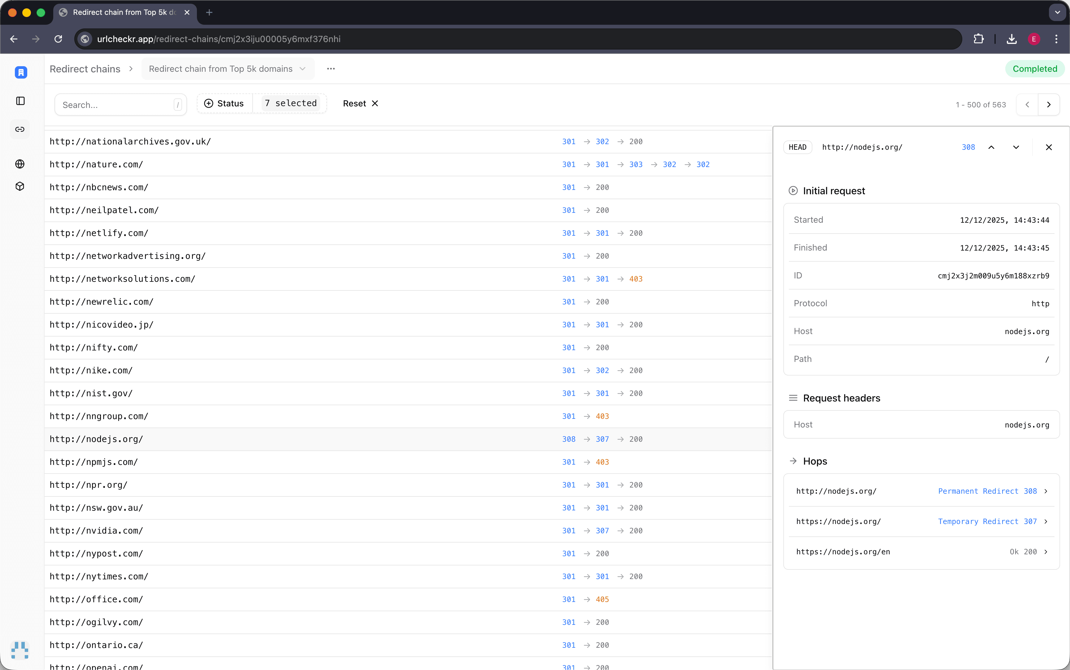 Urlcheckr dashboard showing redirect chain analysis with URL list, status codes, and detailed request information